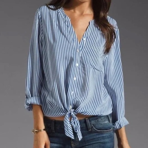 Joie Edaline B Blue Stripe Tie Front Silk Blouse - Picture 1 of 5